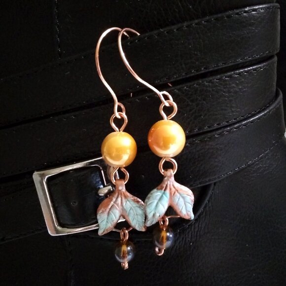 Handmade Copper Leaf Earrings ~ Patina Painted Fall Jewelry with Beaded Accents - Picture 5 of 10